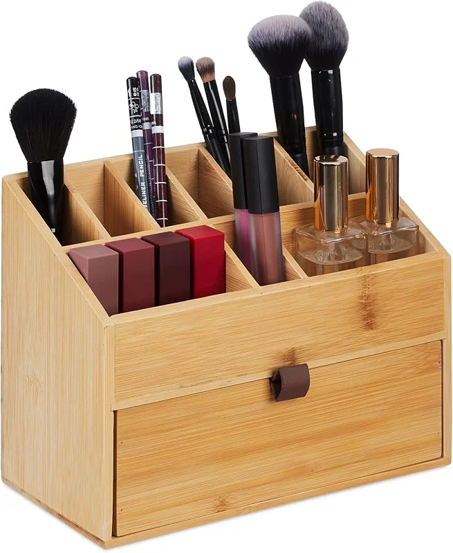 Relaxdays Organiseur cosmétiques, Rangement à Maquillage, tiroir, Porte-pinceaux, Bambou, HxLxP:
