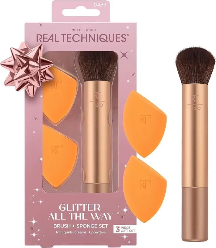 Real Techniques Glitter All The Way Brush + Sponge Kit, 3 Piece Limited Edition Gift — Maquillage