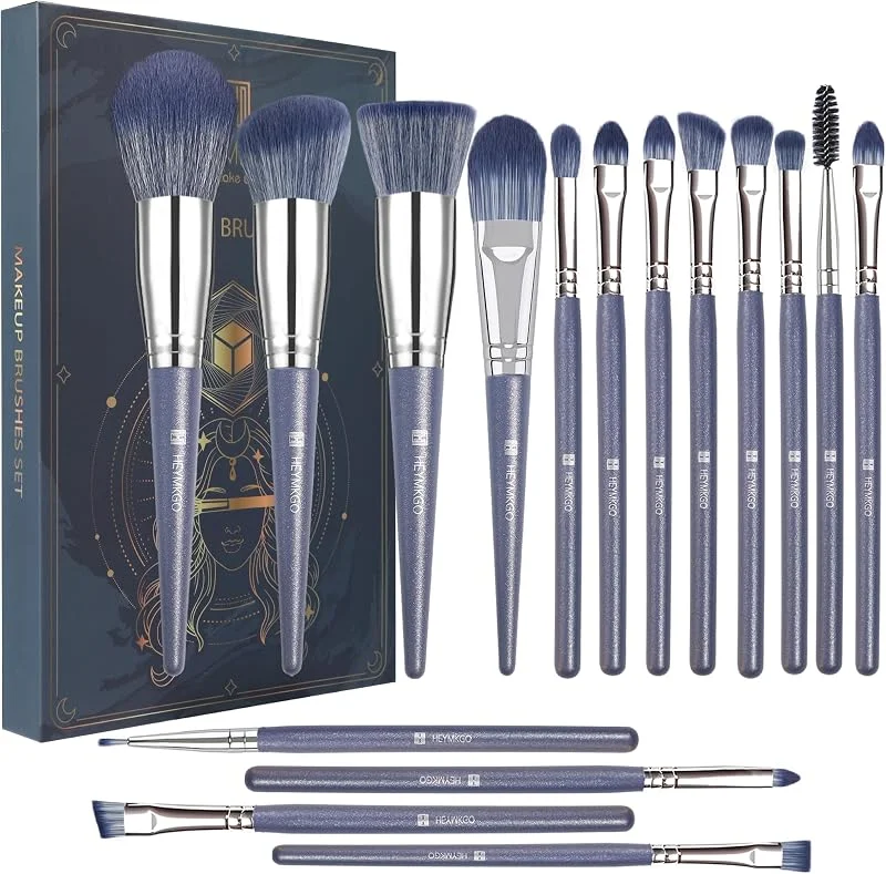 Pinceaux Maquillages HEYMKGO 16 pièces poils synthétiques de qualité supérieure manche conique bleu