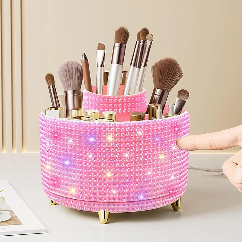 Diesisa Bling Diamond Organiseur de pinceaux de maquillage rotatif à 360°, 5 emplacements pour