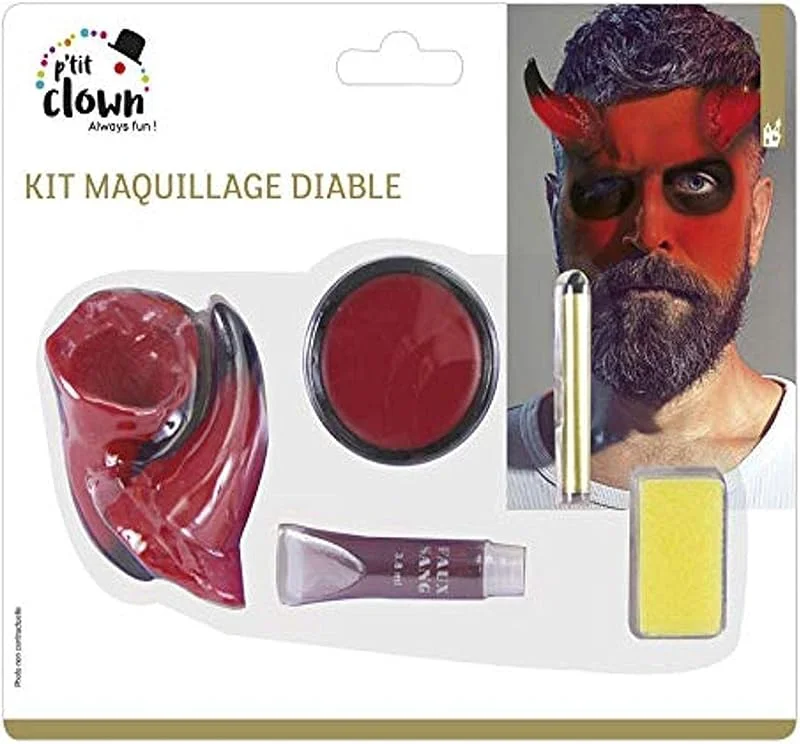P'TIT Clown - 12900 - Kit Maquillage Diable - Cornes + Palette + Sang + Crayon Noir + éponge