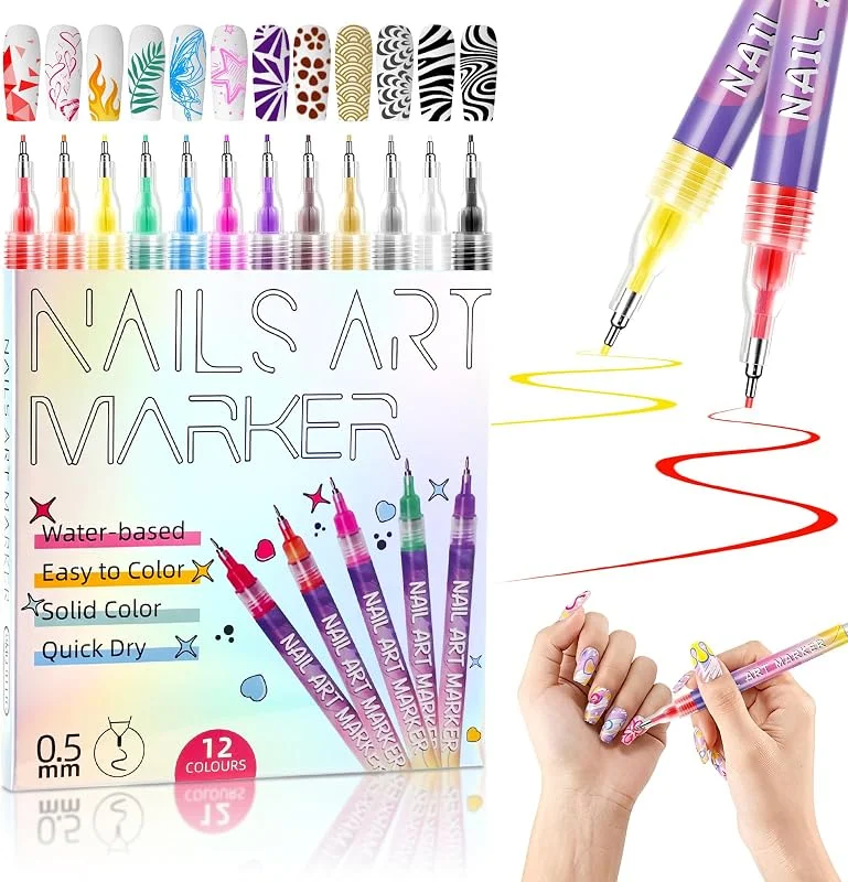 Set de 12 Stylos Nail Art, Nail Art Marker Acrylique à Pointe Fine 0, 5 mm — Maquillage