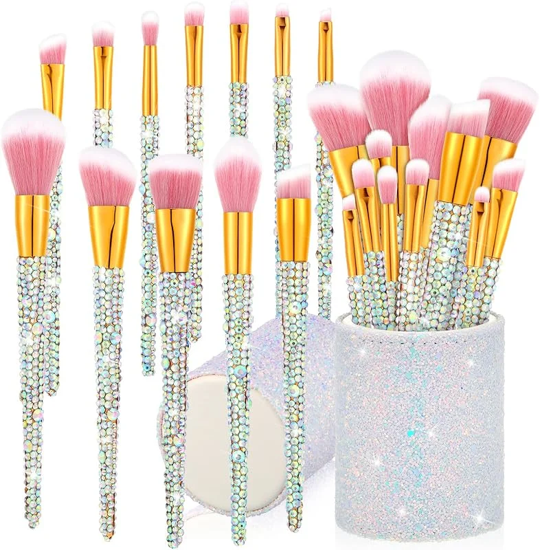 Rtteri Lot de 13 pinceaux de maquillage professionnels en strass Argenté et rose