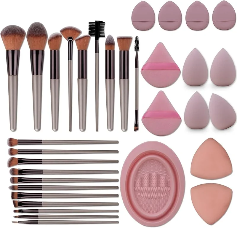 Ensemble de Pinceaux de Maquillage 33 PCS, avec éponge de Maquillage, Pompon à Poudre et Tapis de