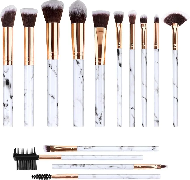 Ensemble de Pinceaux Maquillage en Marbre - 14 Pièces pour Ombre à Paupières, Anti-Cernes et Blush