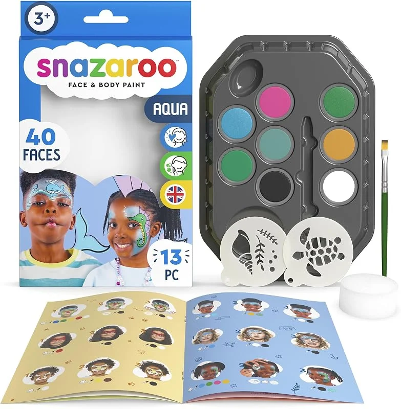 Snazaroo Kit de Maquillage pour Enfants Aqua - 8 Couleurs, 2 Stencils, 1 Pinceau, 1 Éponge, 1 Guide