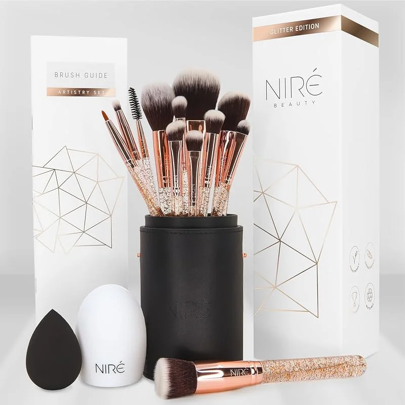 Niré Beauty Kit Pinceaux Maquillage Pro, vegan, 15 pcs, Or Rose