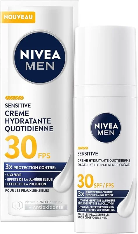 NIVEA MEN Crème Visage Hydratante Quotidien Peaux Sensibles, SPF 30, 50 ml — Soin de la peau