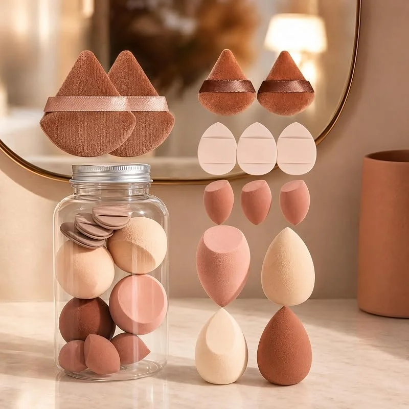 Lot de 14 éponges de maquillage pour fond de teint, 3 mini éponges de maquillage et 4 houppettes