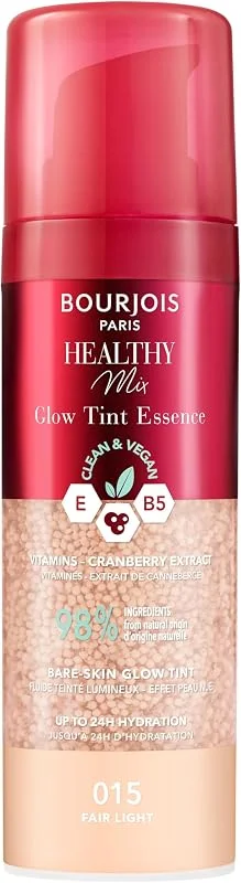 Bourjois Healthy Mix, 015 Fair Light, Glow Tint Essence, effet filtre peau nue, texture — Maquillage