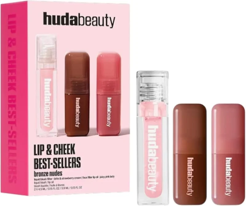 Huda Beauty Lip & Cheek Best Sellers Bronze Nudes Lot de 2 vernis à lèvres liquide et — Maquillage
