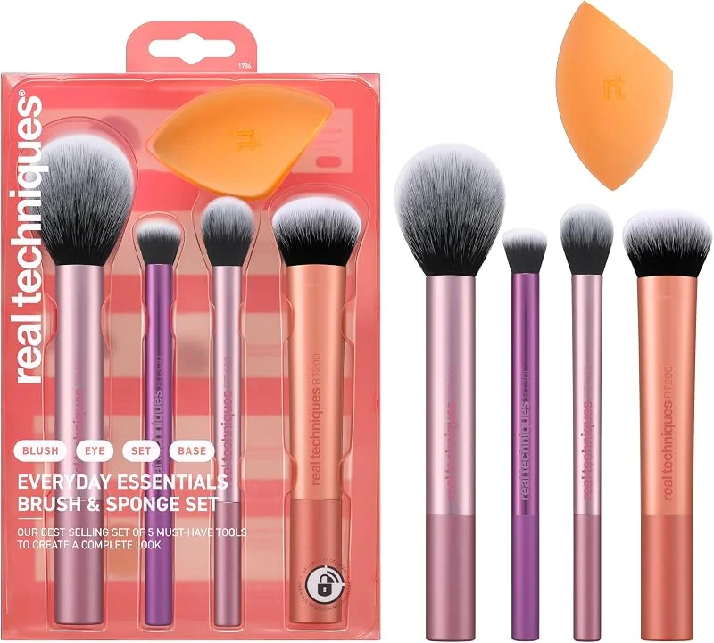 Real Techniques Ensemble de 5 pièces Everyday Essentials +, pinceaux à maquillage et éponge à