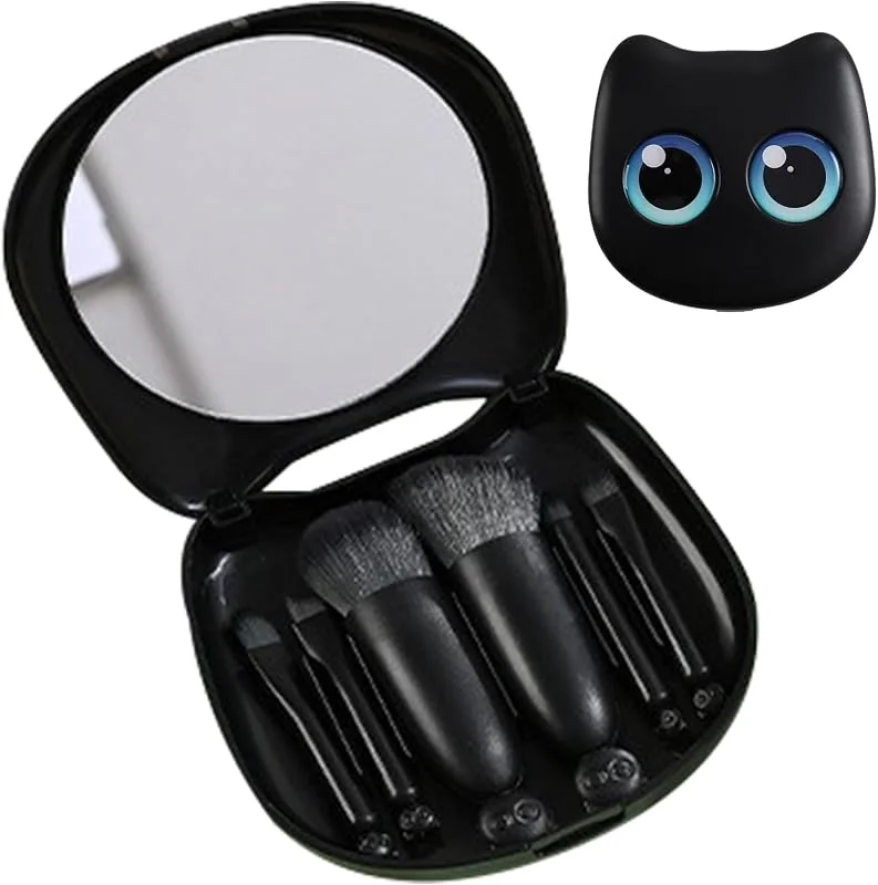 Kit de pinceaux de maquillage, 6 pièces, boîte de rangement miroir chat, design compact portable
