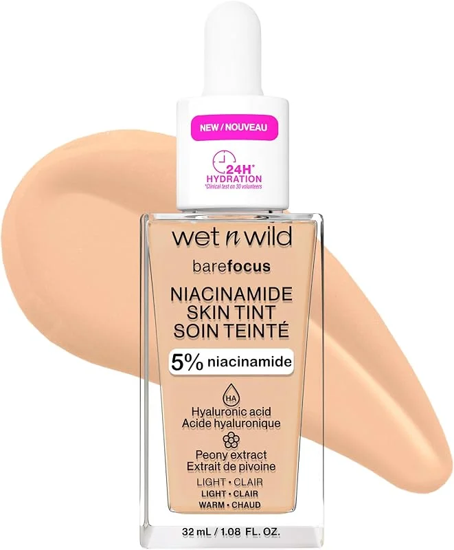 Wet n Wild Bare Focus Niacinamide Skin Tint, Hydratant Teinté à l'Acide Hyaluronique, Fond de Teint