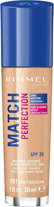 Rimmel London Match Perfection Foundation, SPF 20, 001 Fair Porcelain, 30 ml — Maquillage