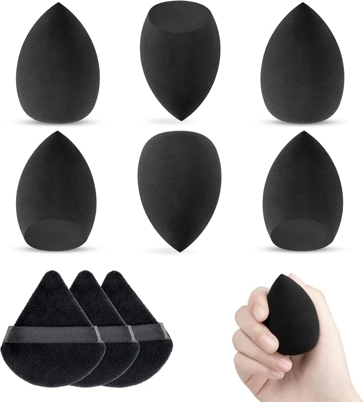Lot de 6 Éponge de Maquillage avec 3 Houpette Triangle Noir, Eponges pour Fond de Teint Liquide et