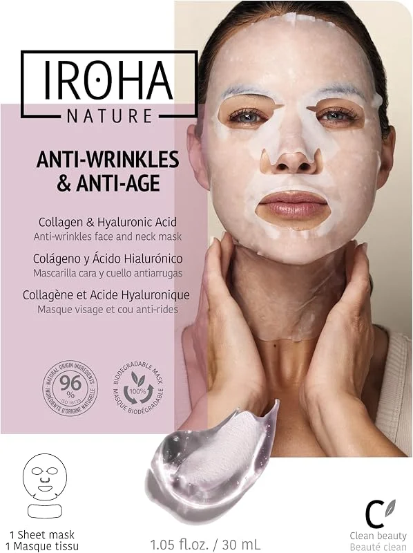 IROHA NATURE Masque Coton Visage, Cou Anti-Âge au Collagène — Soin de la peau