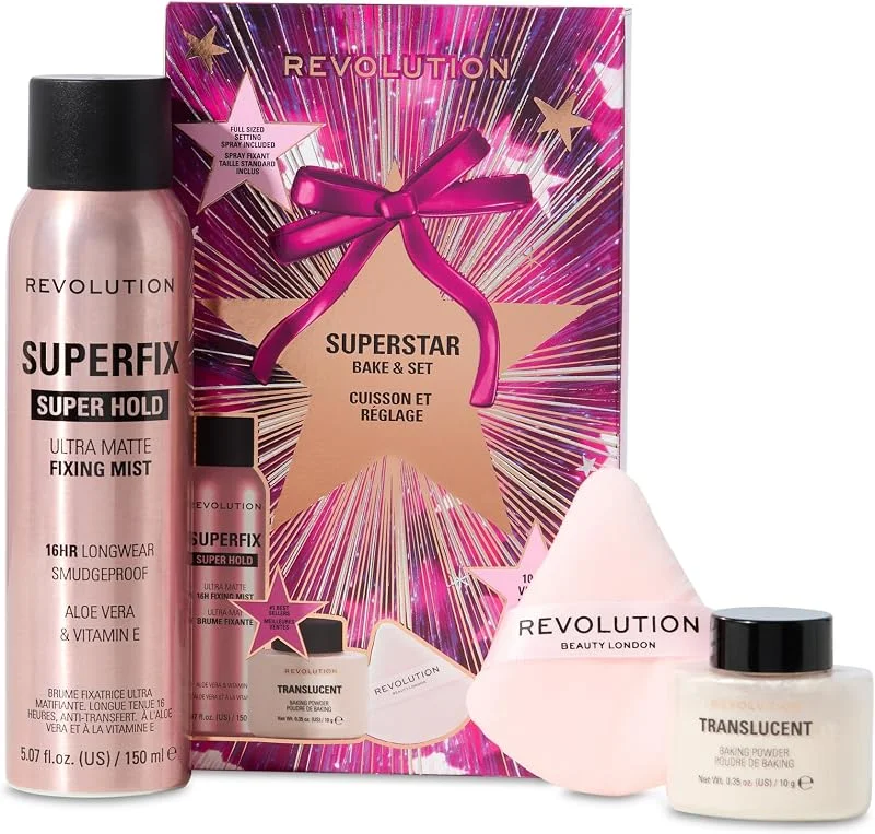 Revolution Superstar Bake & Set, spray fixateur Superfix et poudre libre translucide — Maquillage