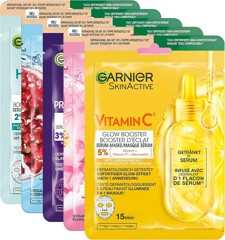 Garnier SkinActive Lot de 5 masques en tissu pour le visage, hydratant — Soin de la peau