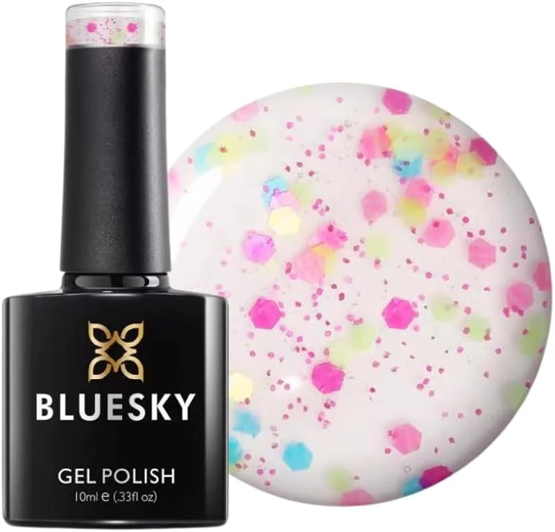 Bluesky Gel Nail Rust, Confetti Pop, base claire, paillettes multicolores, longue — Maquillage