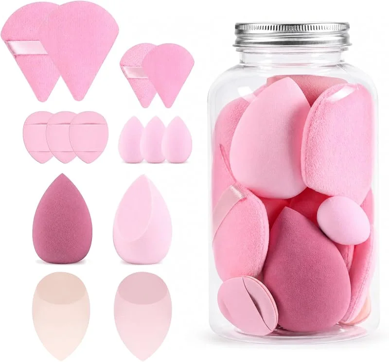Carehabi 14 éponges maquillage & houpettes avec flacon de rangement