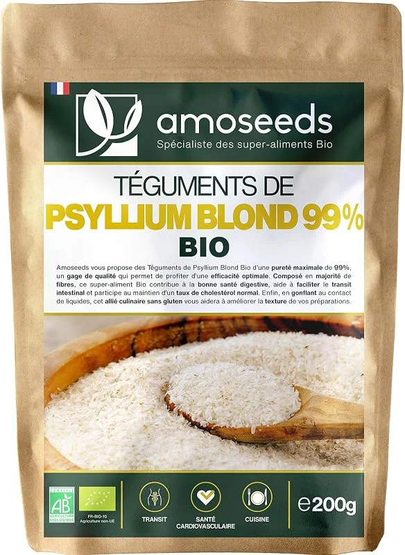 Psyllium Blond BIO 200g, Tégument Pureté Max 99%, 88% Fibres, Sans Gluten — Complements alimentaires