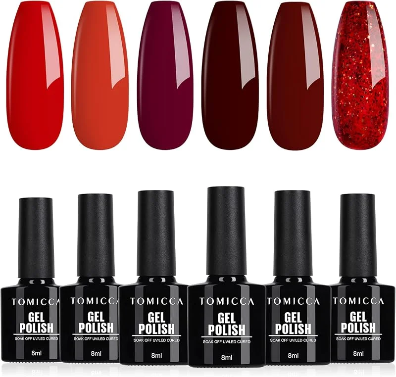 TOMICCA Vernis Semi Permanent Set, 6 Couleurs Rouge et Rouge Pailleté Vernis Gel UV — Maquillage
