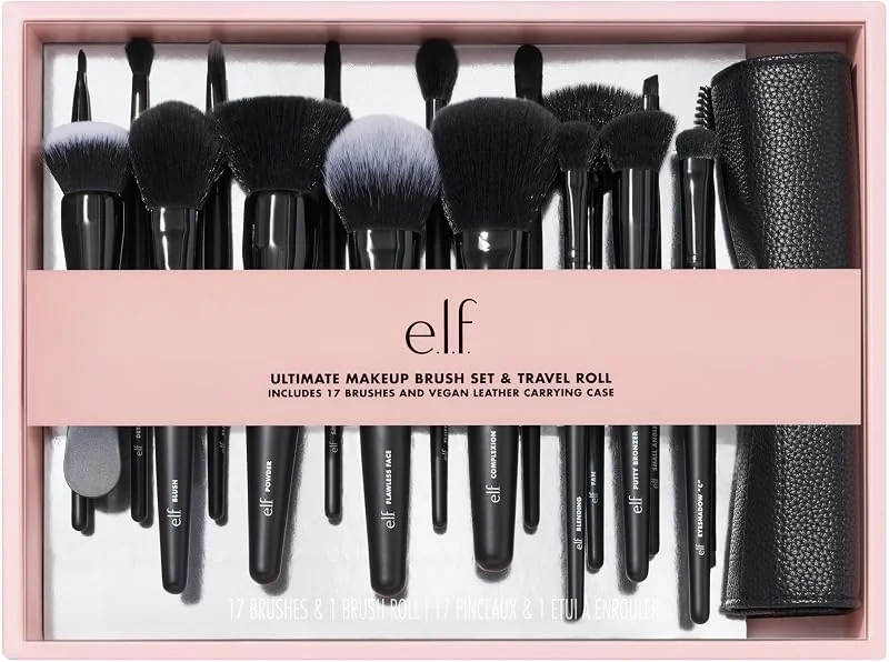 e.l.f. Ensemble de pinceaux de maquillage et rouleau de voyage, 17 pièces, pinceaux pour fard à