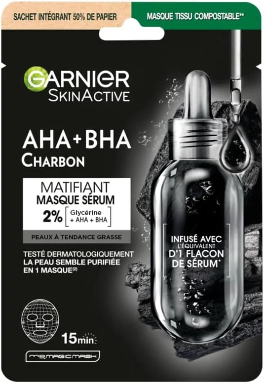 GARNIER Skin Active - Masque Visage Tissu Charbon Végétal - Réducteur De Pores & — Soin de la peau