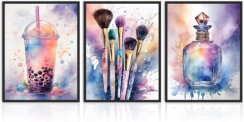 Dazzlewall 3 Pièces Décoration Murale Fille Aquarelle, Affiche Bubble Tea Pinceaux Maquillage Parfum
