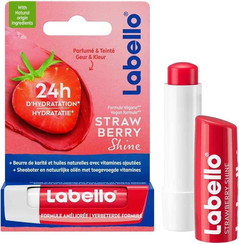 LABELLO Strawberry Shine (1 x 5, 5 ml), Baume à lèvres enrichi en huiles naturelles et — Maquillage