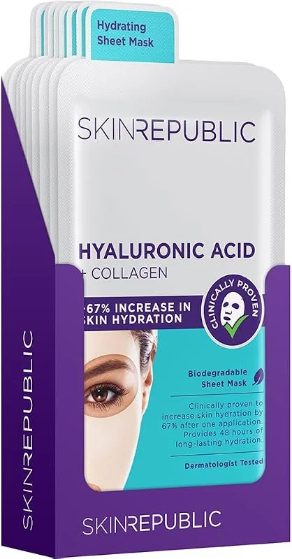 Skin Republic Lot de 10 masques en tissu d'acide hyaluronique + collagène - Masque — Soin de la peau