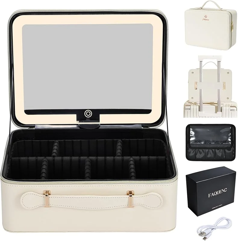 Grande trousse de maquillage avec miroir LED - Miroir lumineux amovible - En cuir synthétique
