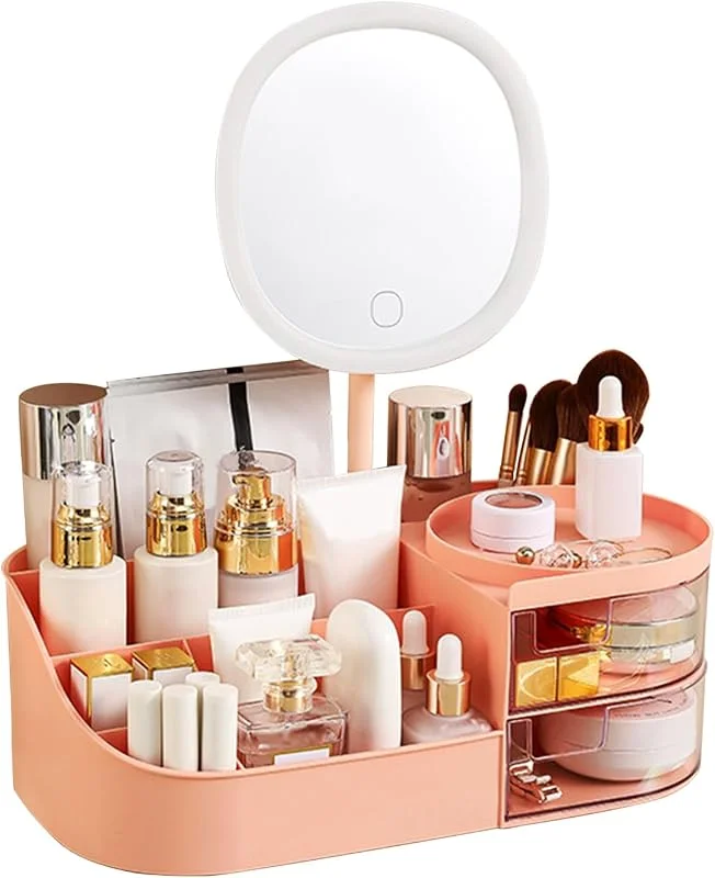 DASITON Rangement Maquillage avec LED Miroir, Rangement Pinceaux Maquillage avec 2 Tiroirs
