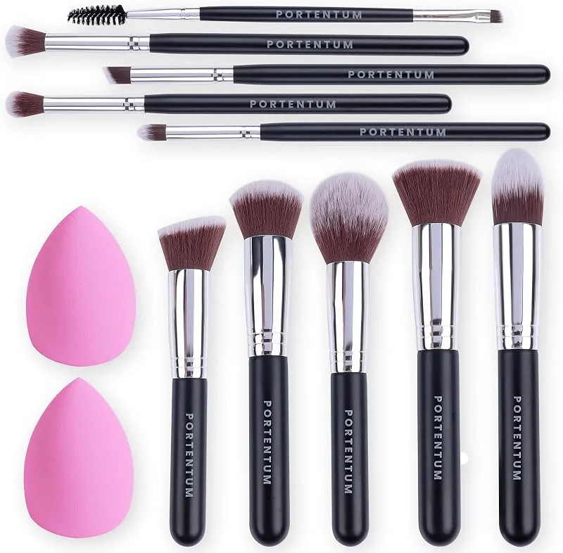 PORTENTUM Pinceaux Maquillages Professionnel (10+2pcs) – Pinceau Maquillage Pour Fond de Teint Blush