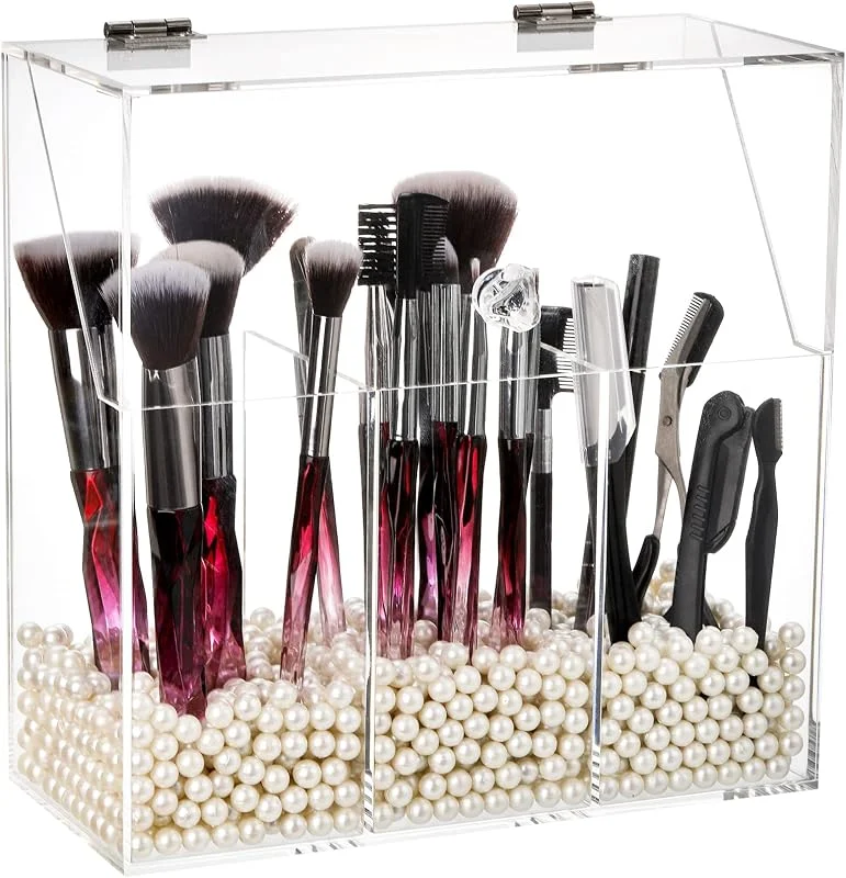 Okllen Porte-pinceaux de maquillage avec couvercle anti-poussière et perles blanches, organiseur de