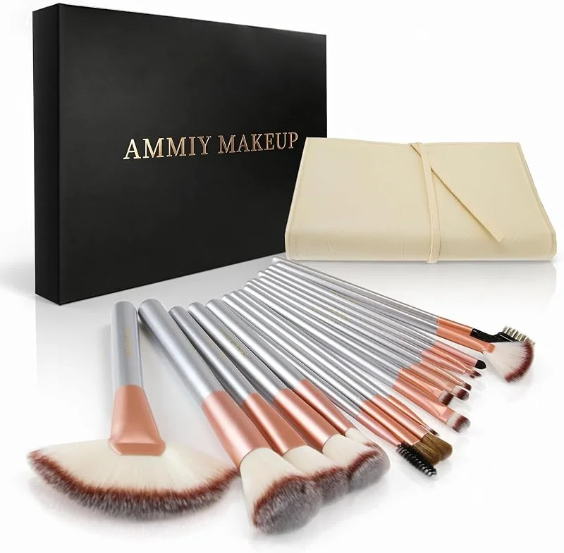 Lot de 18 pinceaux de maquillage professionnels avec manche en bois synthétique livrés avec leur sac