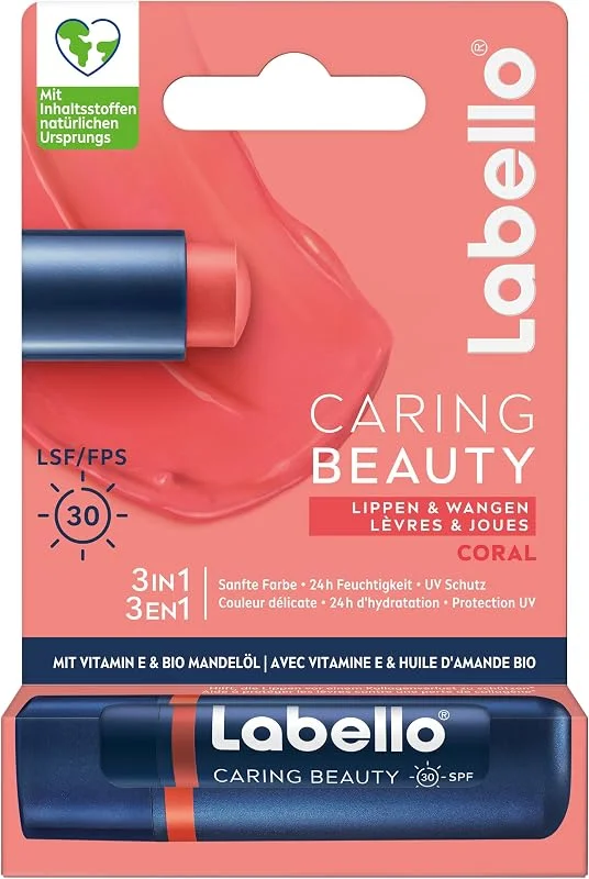 Labello Caring Beauty Coral Rouge à lèvres avec peinture et protection solaire, soin — Maquillage