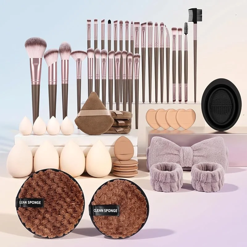 Lot de 56 pinceaux de maquillage professionnels avec éponges de maquillage pour fond de teint