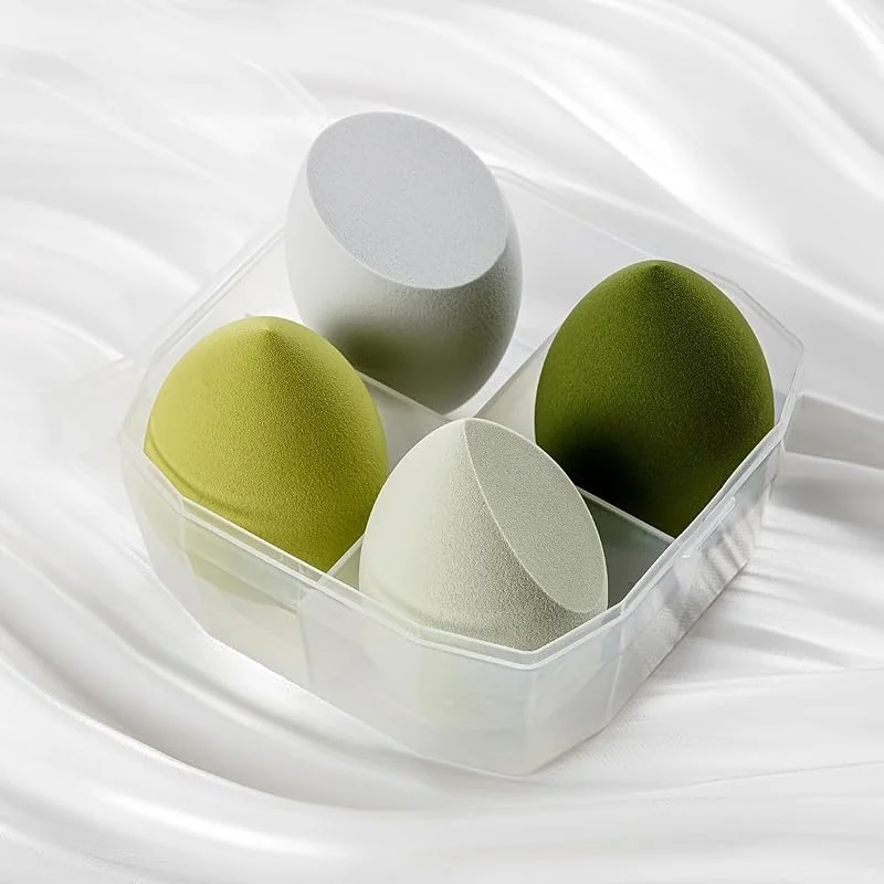 Generic Lot de 4 éponges de maquillage ovales en silicone avec coffret cadeau – Vert, blanc