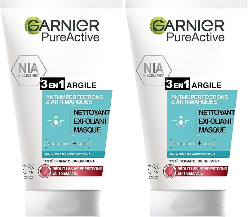 GARNIER Pure Active - Nettoyant 3-En-1 Argile - Nettoyant, Exfoliant & Masque — Soin de la peau