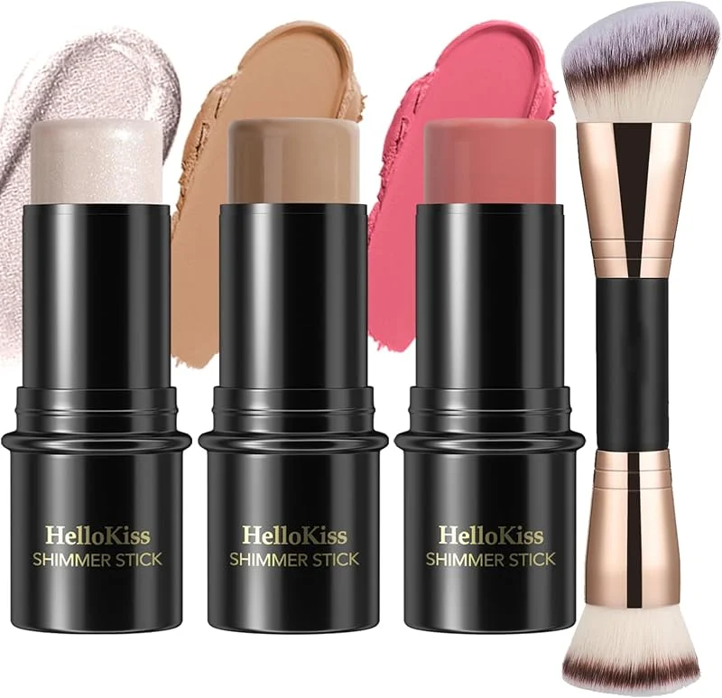 3 Pcs Kit de maquillage crème contour stick, nuances avec Highlighter & Bronzer & Blush, pour