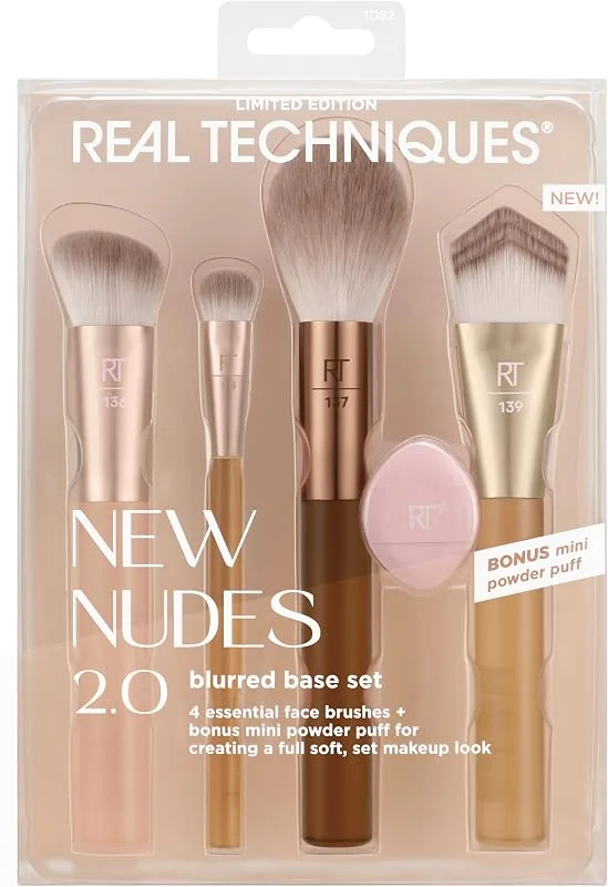 Real Techniques New Nudes Blurred Base Kit, Set 5 Pinceaux Teint avec Houpette, pour — Maquillage