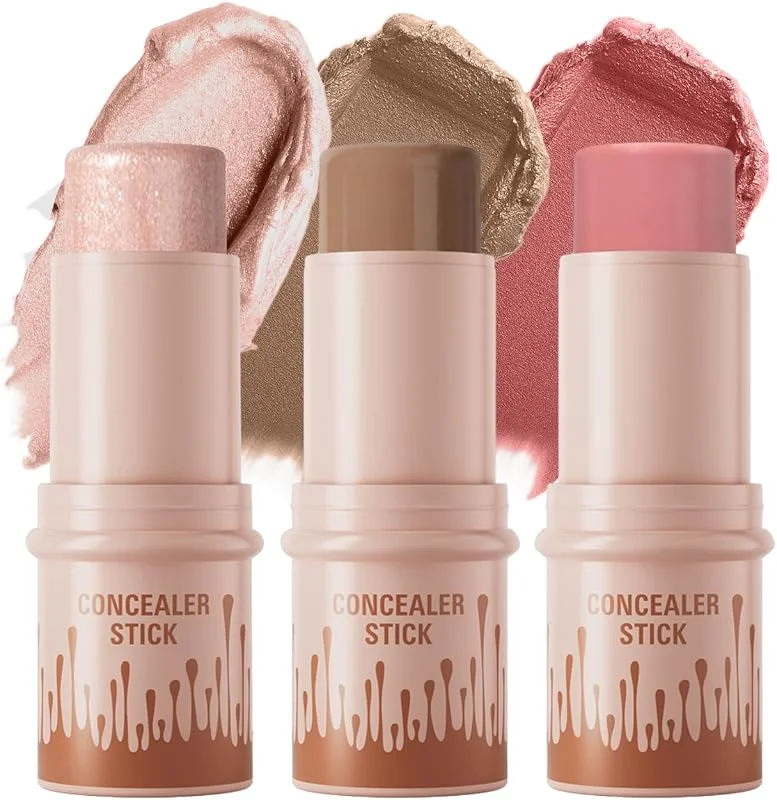 3PCS Contour Highlighter Blush Stick, Kit de maquillage sculptant et contouring crème, Stick blush