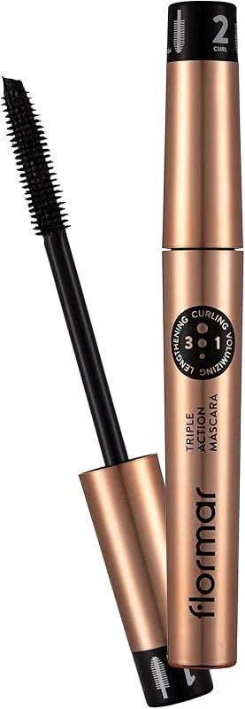 Flormar Triple Action Mascara – 3-en-1 avec brosse en silicone réglable – mascara noir — Maquillage