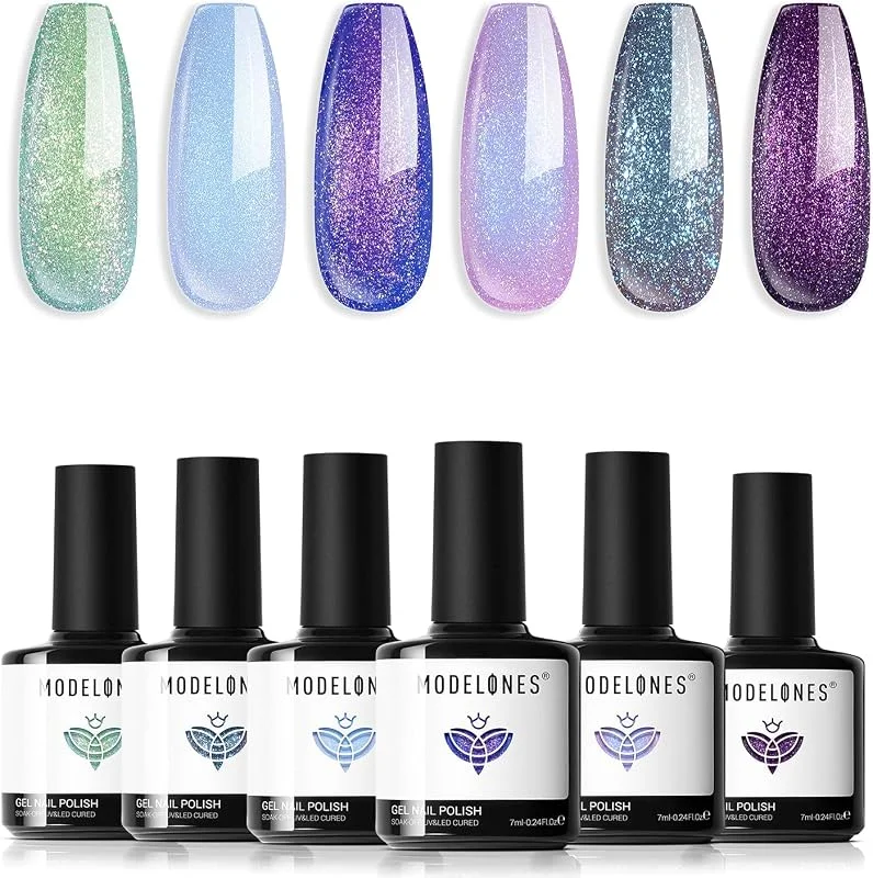 Modelones Lot de 6 vernis à ongles gel à paillettes Aurora Shimmer - Bleu violet — Maquillage