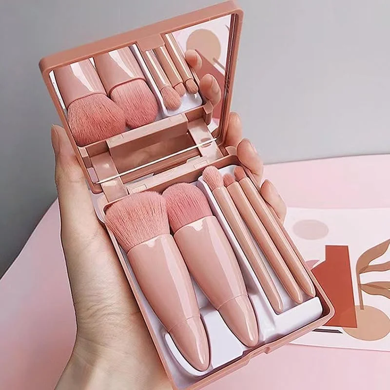 Lot de 5 pinceaux de maquillage de voyage portables avec boîte miroir pour fond de teint, blush