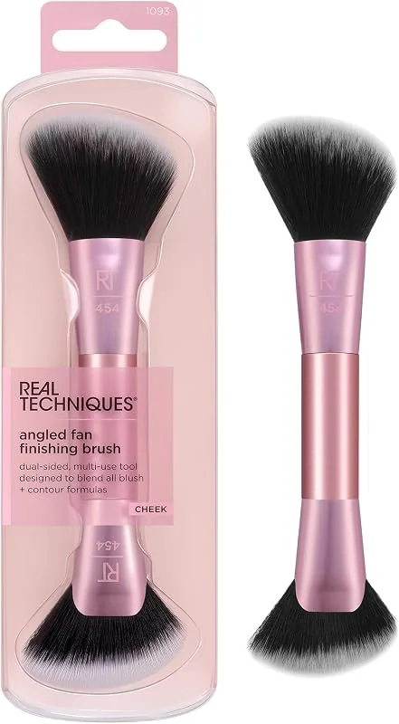 Real Techniques Pinceau Finition Éventail Biseauté, outil maquillage 2-en-1 pour blush, bronzer &