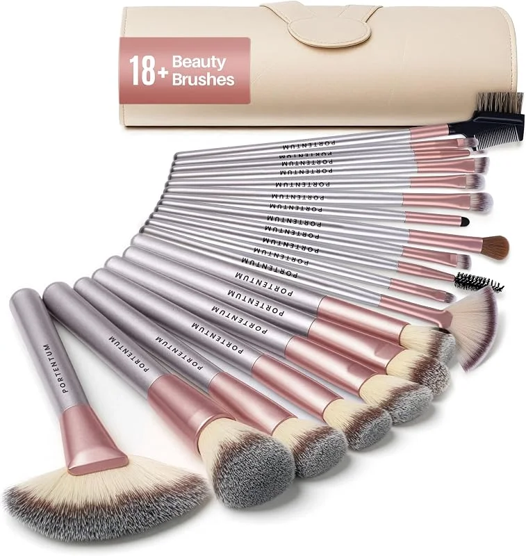 PORTENTUM Pinceaux maquillages Lot de 18 avec étui de voyage, manche en bois professionnel Kabuki en