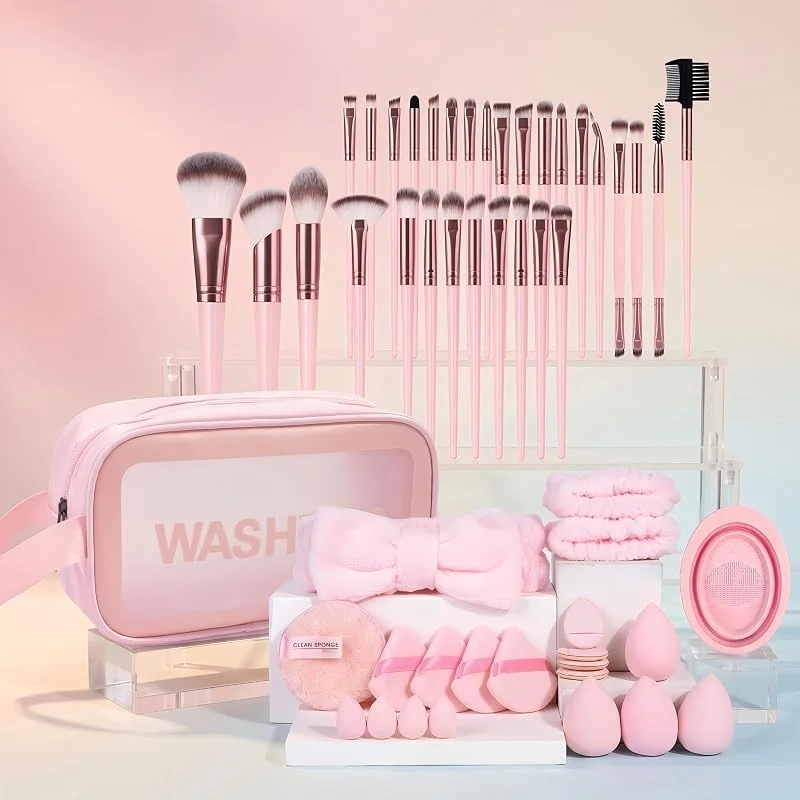 Lot de 52 pinceaux de maquillage de voyage avec trousse de toilette et éponges de maquillage